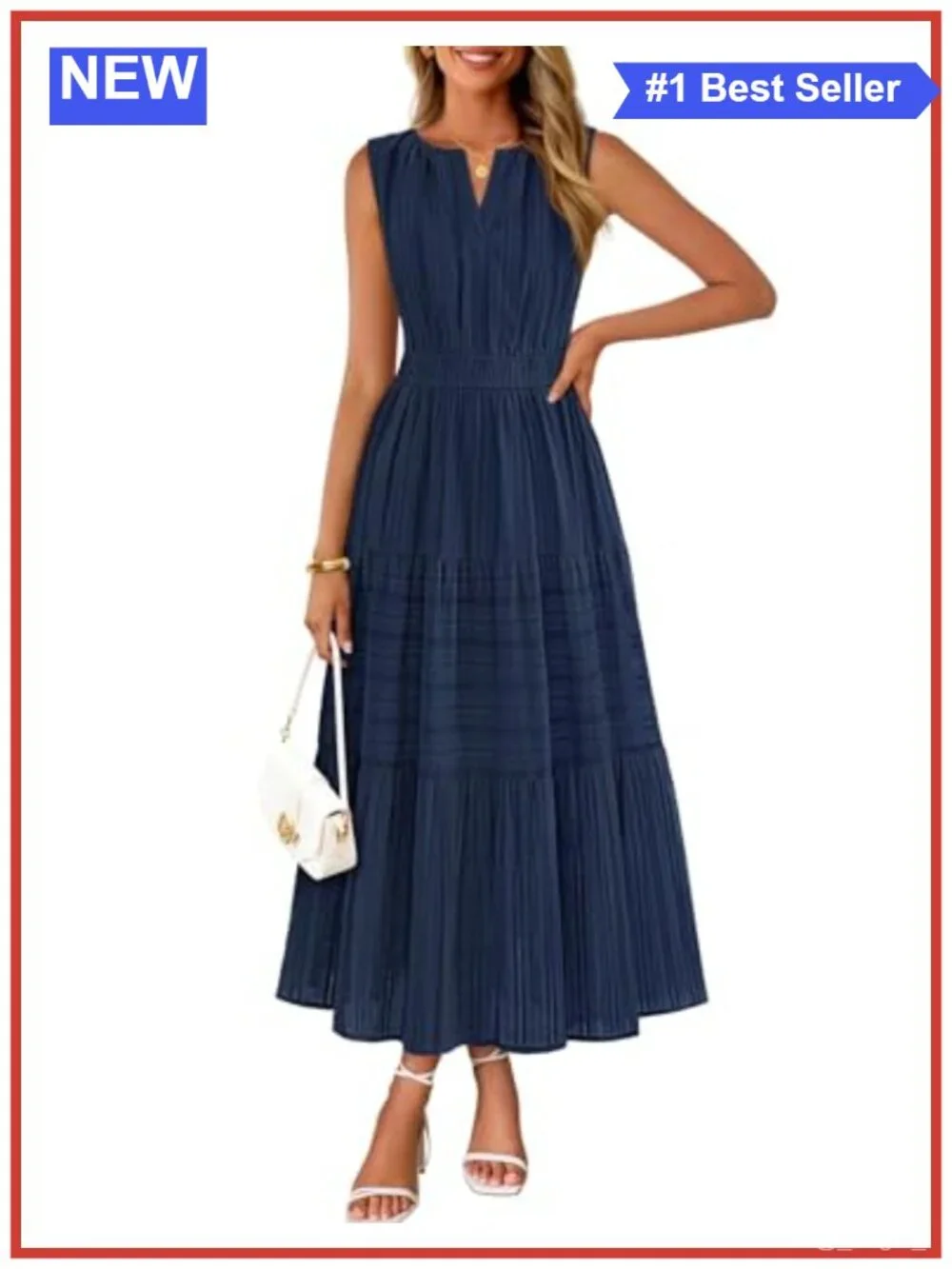 Sleeveless V Neck Tiered Midi Dress Cotton Blend Flowy Side Pockets